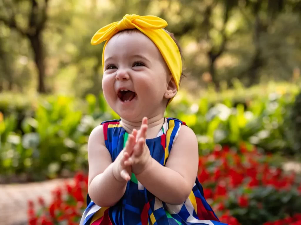 baby signing cheese wearing a yellow hair ribbon.