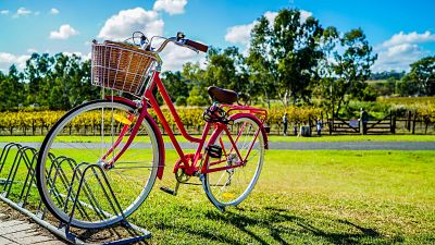 A red bike with a basket sitting in a field 