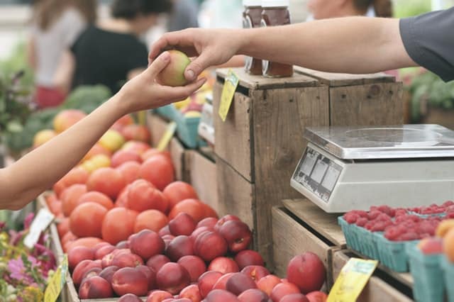 A person who took an Ontario day trip at a farmer's market reaching for an apple 