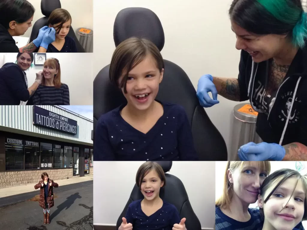 A collage of a Mother and daughter getting ears pierced at a tattoo salon