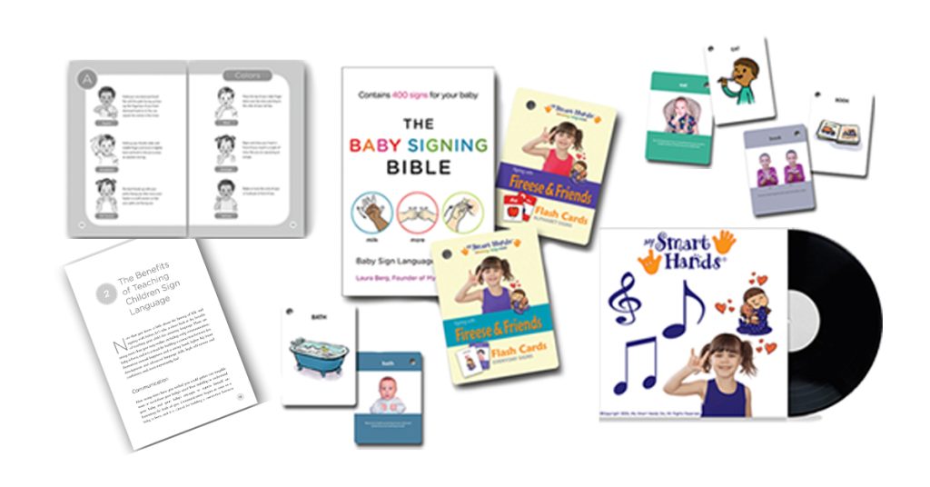 An image of various baby sign language products such as books, flash cards, and music.