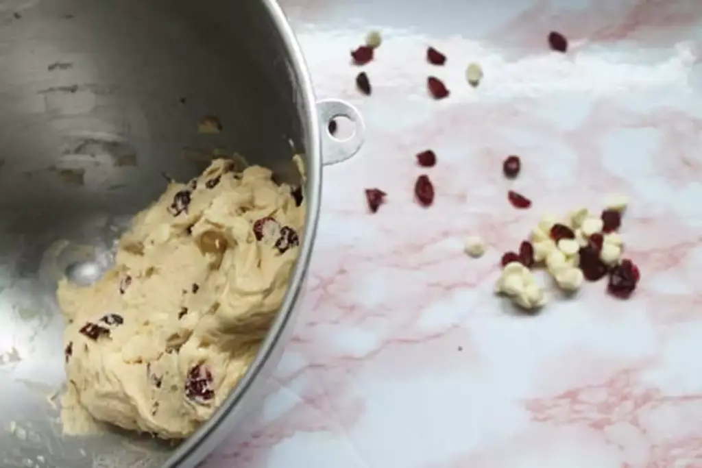chocolate chip cranberry cookie dough in a steel mixing bowl
