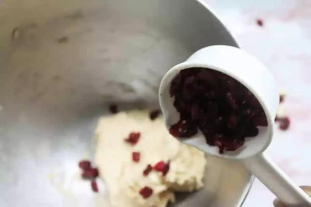 cranberry being added to chocolate cookie dough